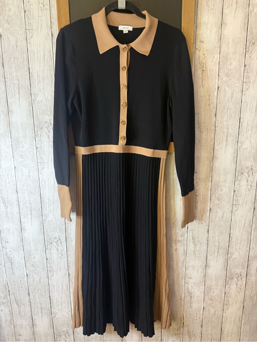 Reiss Womens L Black tan Mia Button Collar Sweater Dress Classic Minimal Preppy
